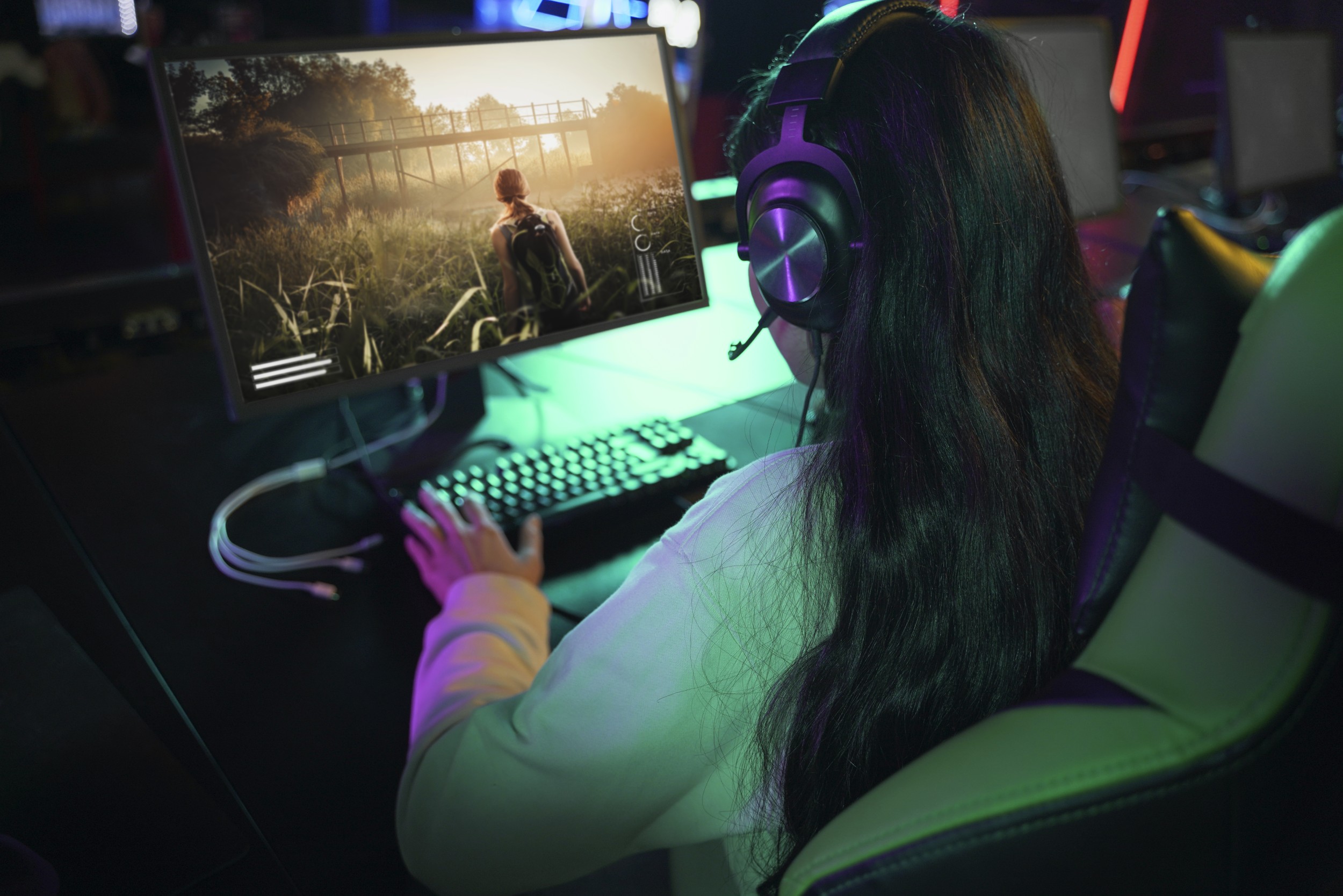 high-angle-woman-playing-videogame-computer